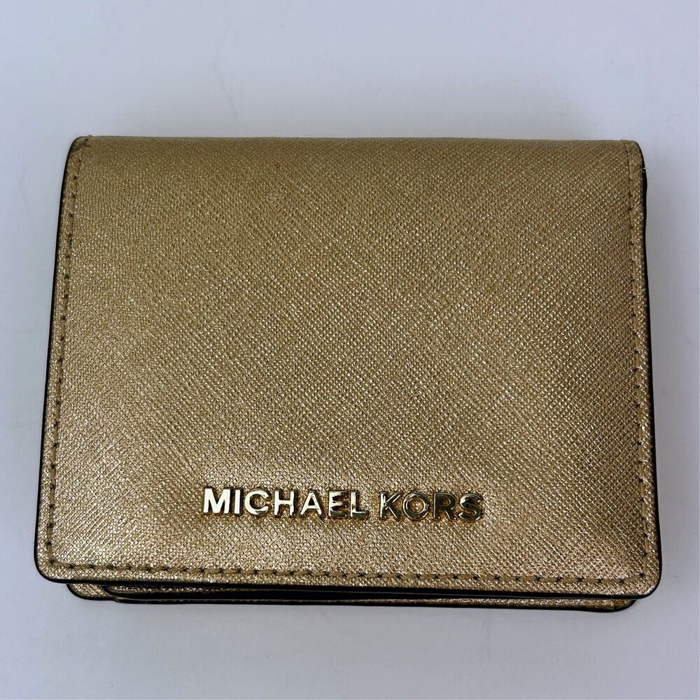 Michael Kors Jet Set Set Slim Saffiano Leather Wallet Gold Metallic Folding Card